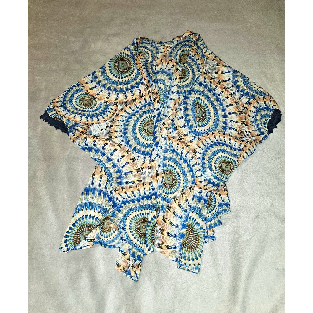 Umgee USA S/M Kimono Cardigan Blue Mandala Boho Open Front Lace Trim Flowy